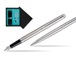 Waterman Hémisphère Stainless Steel CT Fountain pen + Hémisphère Stainless Steel CT Ballpoint pen in gift box  double wooden box Black Double Turquoise