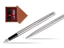 Waterman Hémisphère Stainless Steel CT Fountain pen + Hémisphère Stainless Steel CT Ballpoint pen in gift box in double wooden box Mahogany Double Maroon