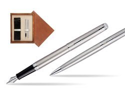 Waterman Hémisphère Stainless Steel CT Fountain pen + Hémisphère Stainless Steel CT Ballpoint pen in gift box in double wooden box Mahogany Double Ecru