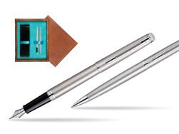 Waterman Hémisphère Stainless Steel CT Fountain pen + Hémisphère Stainless Steel CT Ballpoint pen in gift box in double wooden box Mahogany Double Turquoise 