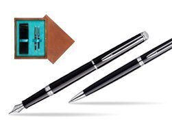 Waterman Hémisphère Black CT Fountain pen + Waterman Hémisphère Black CT Ballpoint Pen in double wooden box Mahogany Double Turquoise 