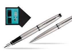 Waterman Expert Stainless Steel CT Fountain pen + Waterman Expert Stainless Steel CT Ballpoint Pen  double wooden box Black Double Turquoise