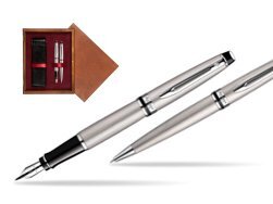 Waterman Expert Stainless Steel CT Fountain pen + Waterman Expert Stainless Steel CT Ballpoint Pen in double wooden box Mahogany Double Maroon