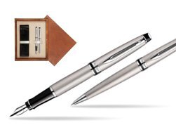 Waterman Expert Stainless Steel CT Fountain pen + Waterman Expert Stainless Steel CT Ballpoint Pen in double wooden box Mahogany Double Ecru