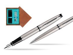 Waterman Expert Stainless Steel CT Fountain pen + Waterman Expert Stainless Steel CT Ballpoint Pen in double wooden box Mahogany Double Turquoise 