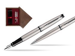 Waterman Expert Stainless Steel CT Fountain pen + Waterman Expert Stainless Steel CT Ballpoint Pen in double wooden box Wenge Double Maroon
