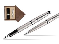 Waterman Expert Stainless Steel CT Fountain pen + Waterman Expert Stainless Steel CT Ballpoint Pen in double wooden box Wenge Double Ecru