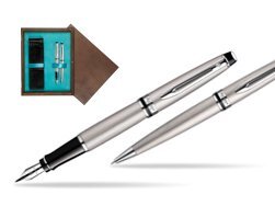 Waterman Expert Stainless Steel CT Fountain pen + Waterman Expert Stainless Steel CT Ballpoint Pen in double wooden box Wenge Double Turquoise 
