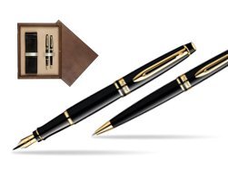 Waterman Expert Black GT Fountain Pen + Waterman Expert Black GT Ballpoint Pen in double wooden box Wenge Double Ecru