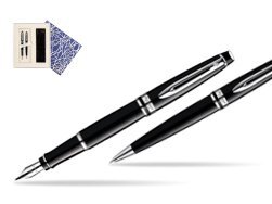 Waterman Expert Black CT Fountain Pen + Waterman Expert Black CT Ballpoint Pen in Universal Gift Box Crystal Blue