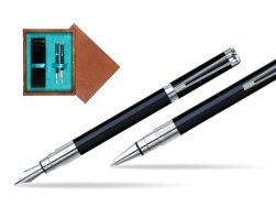 Waterman Perspective Black CT Fountain pen + Waterman Perspective Black CT Ballpoint Pen in double wooden box Mahogany Double Turquoise 