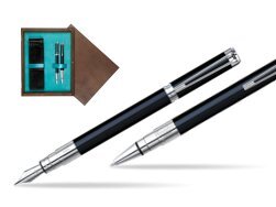 Waterman Perspective Black CT Fountain pen + Waterman Perspective Black CT Ballpoint Pen in double wooden box Wenge Double Turquoise 