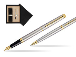 Waterman Hémisphère Stainless Steel GT Fountain pen + Waterman Hémisphère Stainless Steel GT Ballpoint Pen  double wooden box Black Double Ecru