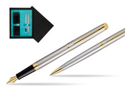 Waterman Hémisphère Stainless Steel GT Fountain pen + Waterman Hémisphère Stainless Steel GT Ballpoint Pen  double wooden box Black Double Turquoise