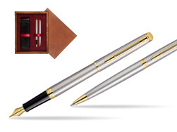 Waterman Hémisphère Stainless Steel GT Fountain pen + Waterman Hémisphère Stainless Steel GT Ballpoint Pen in double wooden box Mahogany Double Maroon
