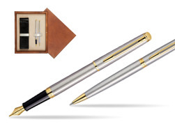 Waterman Hémisphère Stainless Steel GT Fountain pen + Waterman Hémisphère Stainless Steel GT Ballpoint Pen in double wooden box Mahogany Double Ecru