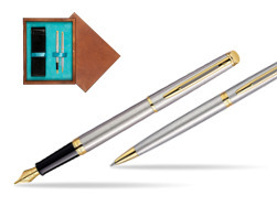 Waterman Hémisphère Stainless Steel GT Fountain pen + Waterman Hémisphère Stainless Steel GT Ballpoint Pen in double wooden box Mahogany Double Turquoise 