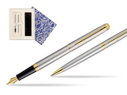 Waterman Hémisphère Stainless Steel GT Fountain pen + Waterman Hémisphère Stainless Steel GT Ballpoint Pen in Universal Gift Box Crystal Blue