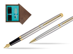 Waterman Hémisphère Stainless Steel GT Fountain pen + Waterman Hémisphère Stainless Steel GT Ballpoint Pen in double wooden box Wenge Double Turquoise 