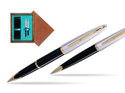 Waterman Carène Deluxe Black GT Fountain pen + Waterman Carène Deluxe Black GT Ballpoint Pen in double wooden box Mahogany Double Turquoise 