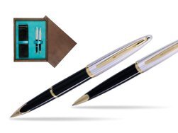 Waterman Carène Deluxe Black GT Fountain pen + Waterman Carène Deluxe Black GT Ballpoint Pen in double wooden box Wenge Double Turquoise 