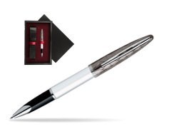 Waterman Carène Contemporary White and Gunmetal ST Rollerball  single wooden box  Black Single Maroon