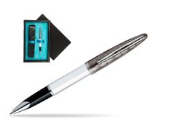 Waterman Carène Contemporary White and Gunmetal ST Rollerball  single wooden box  Black Single Turquoise