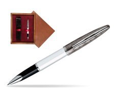 Waterman Carène Contemporary White and Gunmetal ST Rollerball in single wooden box Mahogany Single Maroon
