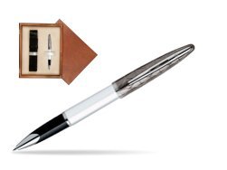 Waterman Carène Contemporary White and Gunmetal ST Rollerball in single wooden box  Mahogany Single Ecru