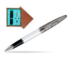 Waterman Carène Contemporary White and Gunmetal ST Rollerball in single wooden box  Mahogany Single Turquoise 