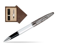 Waterman Carène Contemporary White and Gunmetal ST Rollerball in single wooden box  Wenge Single Ecru