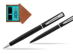 Waterman Fountain Pen + Ballpoint Pen Allure black CT in double wooden box Mahogany Double Turquoise 