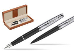 Waterman Embleme Black CT Fountain Pen + Waterman Embleme Black CT Ballpoint Pen in gift box  in classic box brown
