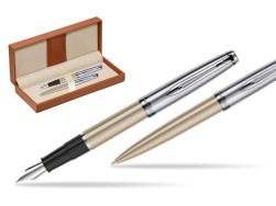 Waterman Embleme Metallic Glod CT Fountain Pen + Waterman Embleme Metallic Gold CT Ballpoint Pen in gift box  in classic box brown