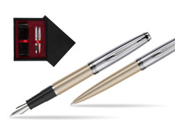 Waterman Embleme Metallic Glod CT Fountain Pen + Waterman Embleme Metallic Gold CT Ballpoint Pen in gift box  double wooden box Black Double Maroon