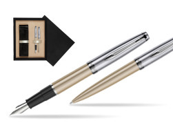 Waterman Embleme Metallic Glod CT Fountain Pen + Waterman Embleme Metallic Gold CT Ballpoint Pen in gift box  double wooden box Black Double Ecru