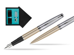 Waterman Embleme Metallic Glod CT Fountain Pen + Waterman Embleme Metallic Gold CT Ballpoint Pen in gift box  double wooden box Black Double Turquoise