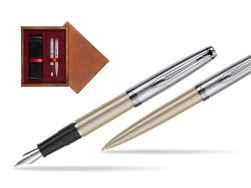 Waterman Embleme Metallic Glod CT Fountain Pen + Waterman Embleme Metallic Gold CT Ballpoint Pen in gift box in double wooden box Mahogany Double Maroon