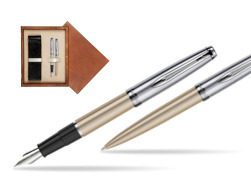 Waterman Embleme Metallic Glod CT Fountain Pen + Waterman Embleme Metallic Gold CT Ballpoint Pen in gift box in double wooden box Mahogany Double Ecru