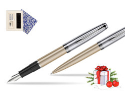 Waterman Embleme Metallic Glod CT Fountain Pen + Waterman Embleme Metallic Gold CT Ballpoint Pen in gift box in Universal Gift Box Crystal Blue