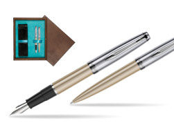 Waterman Embleme Metallic Glod CT Fountain Pen + Waterman Embleme Metallic Gold CT Ballpoint Pen in gift box in double wooden box Wenge Double Turquoise 