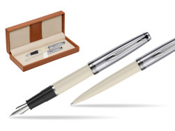 Waterman Embleme Ecru CT Fountain Pen + Waterman Embleme Ecru CT Ballpoint Pen in gift box  in classic box brown