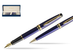 Waterman Expert Navy Blue GT Gold Nib 18k Fountain Pen + Waterman Expert Navy Blue GT Ballpoint Pen in gift box