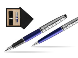 Waterman Expert DeLuxe Navy Blue Ct Fountain Pen + Waterman Expert DeLuxe Navy Blue CT Ballpoint Pen in gift box  double wooden box Black Double Ecru