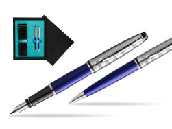 Waterman Expert DeLuxe Navy Blue Ct Fountain Pen + Waterman Expert DeLuxe Navy Blue CT Ballpoint Pen in gift box  double wooden box Black Double Turquoise