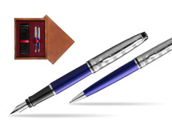 Waterman Expert DeLuxe Navy Blue Ct Fountain Pen + Waterman Expert DeLuxe Navy Blue CT Ballpoint Pen in gift box in double wooden box Mahogany Double Maroon