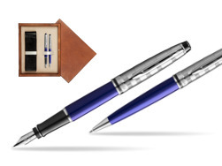 Waterman Expert DeLuxe Navy Blue Ct Fountain Pen + Waterman Expert DeLuxe Navy Blue CT Ballpoint Pen in gift box in double wooden box Mahogany Double Ecru