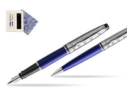 Waterman Expert DeLuxe Navy Blue Ct Fountain Pen + Waterman Expert DeLuxe Navy Blue CT Ballpoint Pen in gift box in Universal Gift Box Crystal Blue