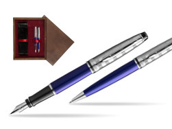Waterman Expert DeLuxe Navy Blue Ct Fountain Pen + Waterman Expert DeLuxe Navy Blue CT Ballpoint Pen in gift box in double wooden box Wenge Double Maroon