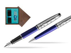Waterman Expert DeLuxe Navy Blue Ct Fountain Pen + Waterman Expert DeLuxe Navy Blue CT Ballpoint Pen in gift box in double wooden box Wenge Double Turquoise 